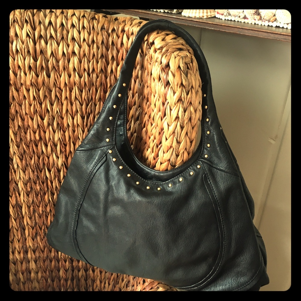 Sigrid Olson black leather shoulder bag w gold